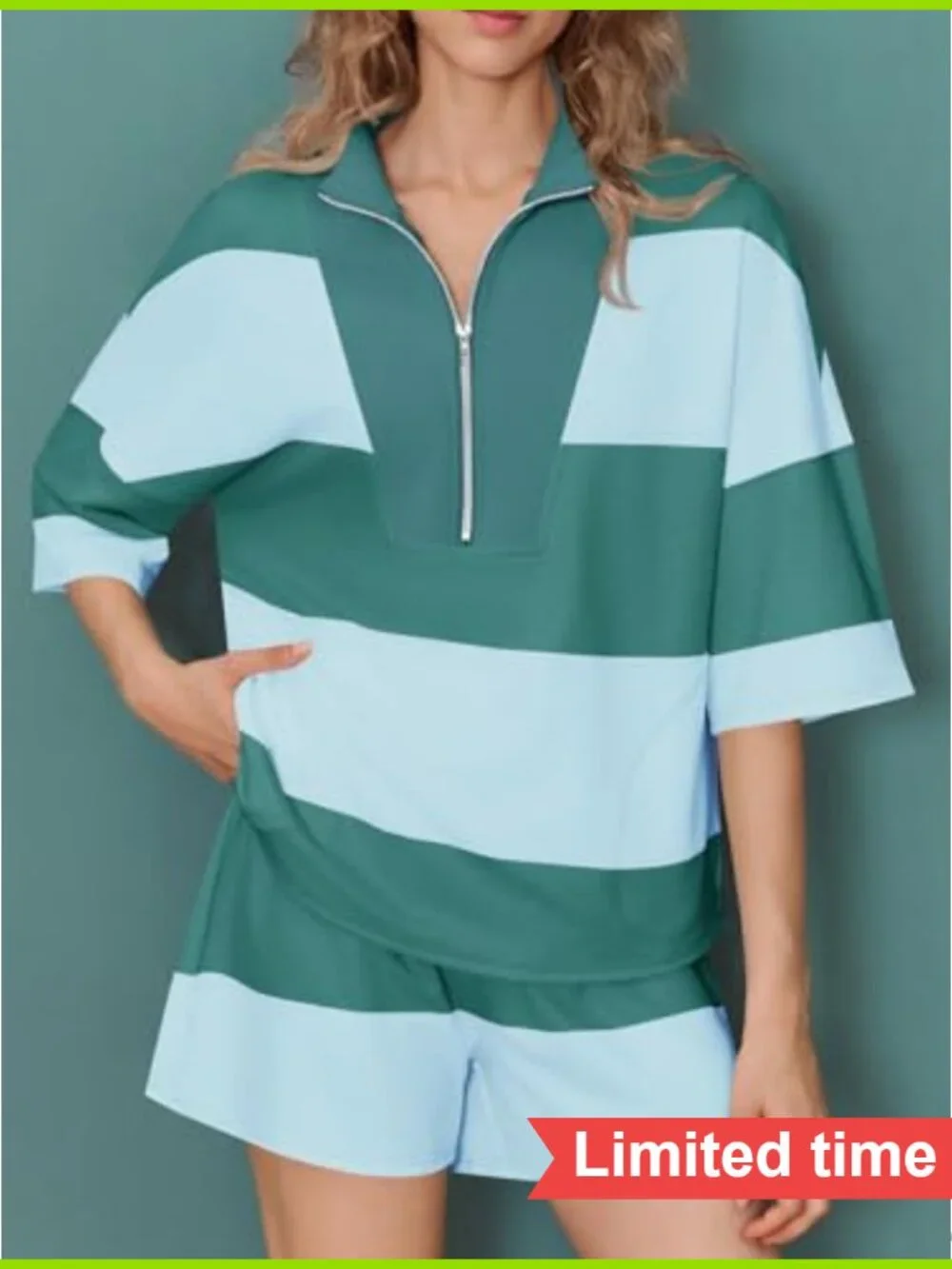 Women's 2 Piece Athletic Set - Striped Zip Up Sweatshirt & High Waist Shorts,